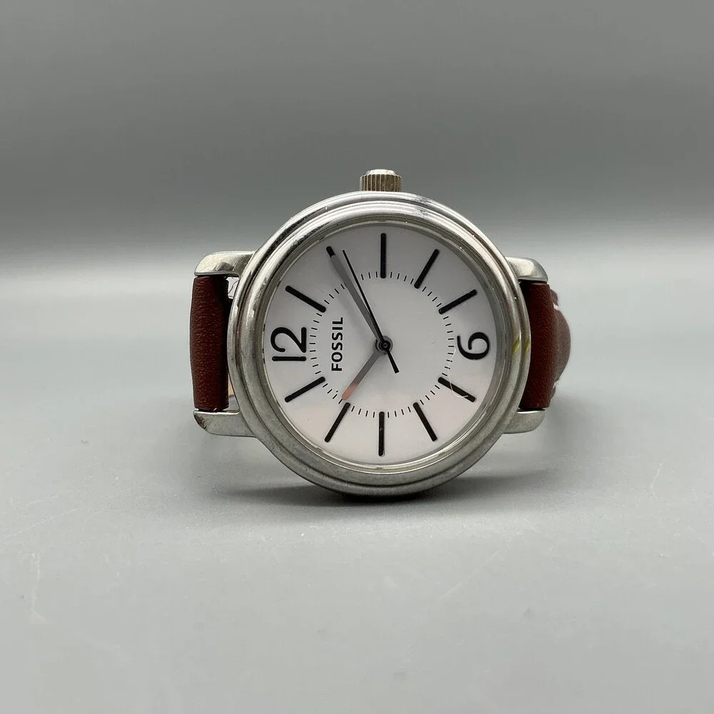 Fossil ES-2108 Womens Watch 32mm Classic White Dial Brown Leather New Battery